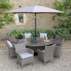 LG Outdoor Monaco Sand 8 Seat Dining Set With Weave Lazy Susan And Parasol